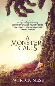 Book cover A Monster Calls by Patrick Ness, with light sky surrounded by rugged landscape on side and bottom and giant fingers dangling from top