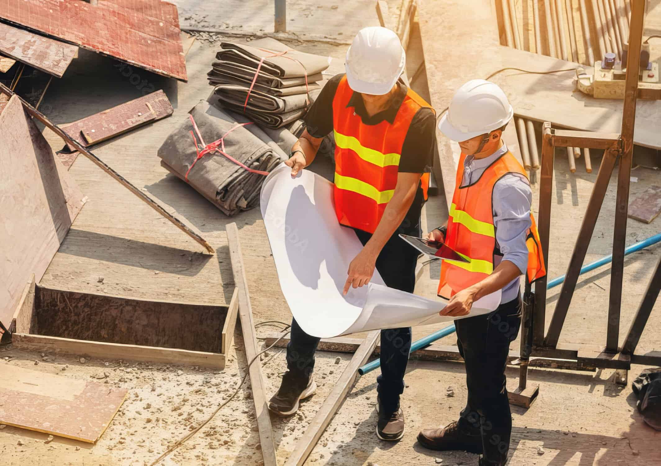 Two workers in white hardhats and orange safety vests, seen from above, looking at large white blueprints, with construction materials behind them
