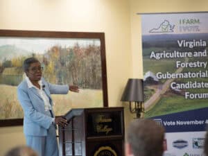 Lieutenant Governor Winsome Earle-Sears speaks to Virginia Farm Bureau Federation Young Farmers Summer Expo attendees in the Blue Ridge Mountain Room at Ferrum College.