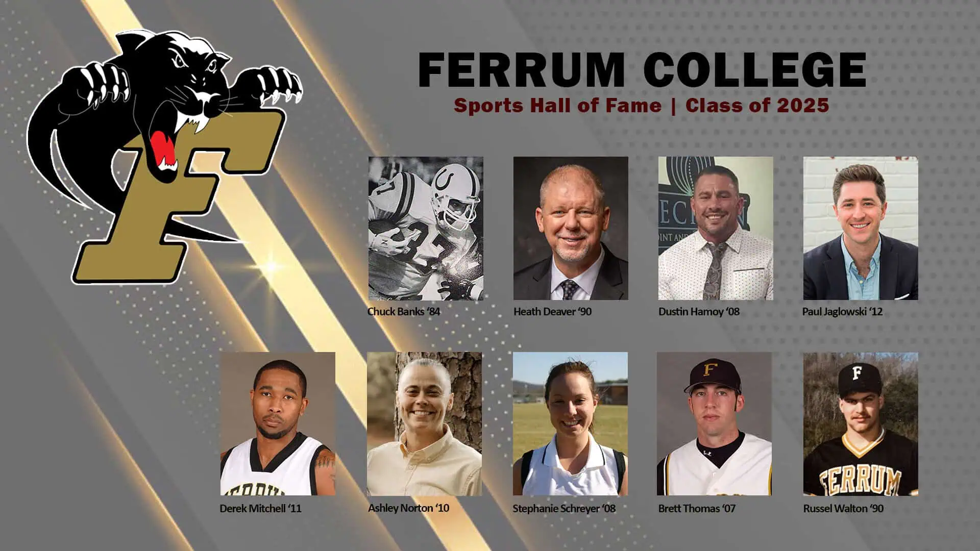 Ferrum College sports hall of fame graphic that includes thumbnail photos and the names of the nine student-athletes in the 2025 class of inductees