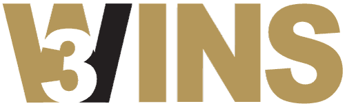 3 WINS Ferrum College Athletic logo has 3 in white on top of WINS in gold caps and one black line on the W.