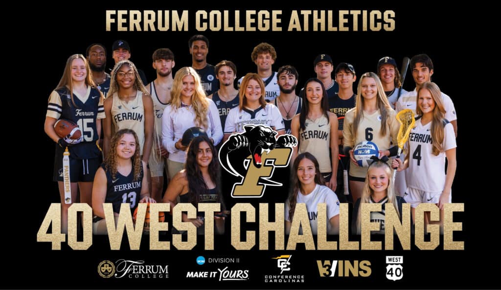 Group photo of Ferrum College athletes in team uniforms posing for the 40 West Challenge event announcement.