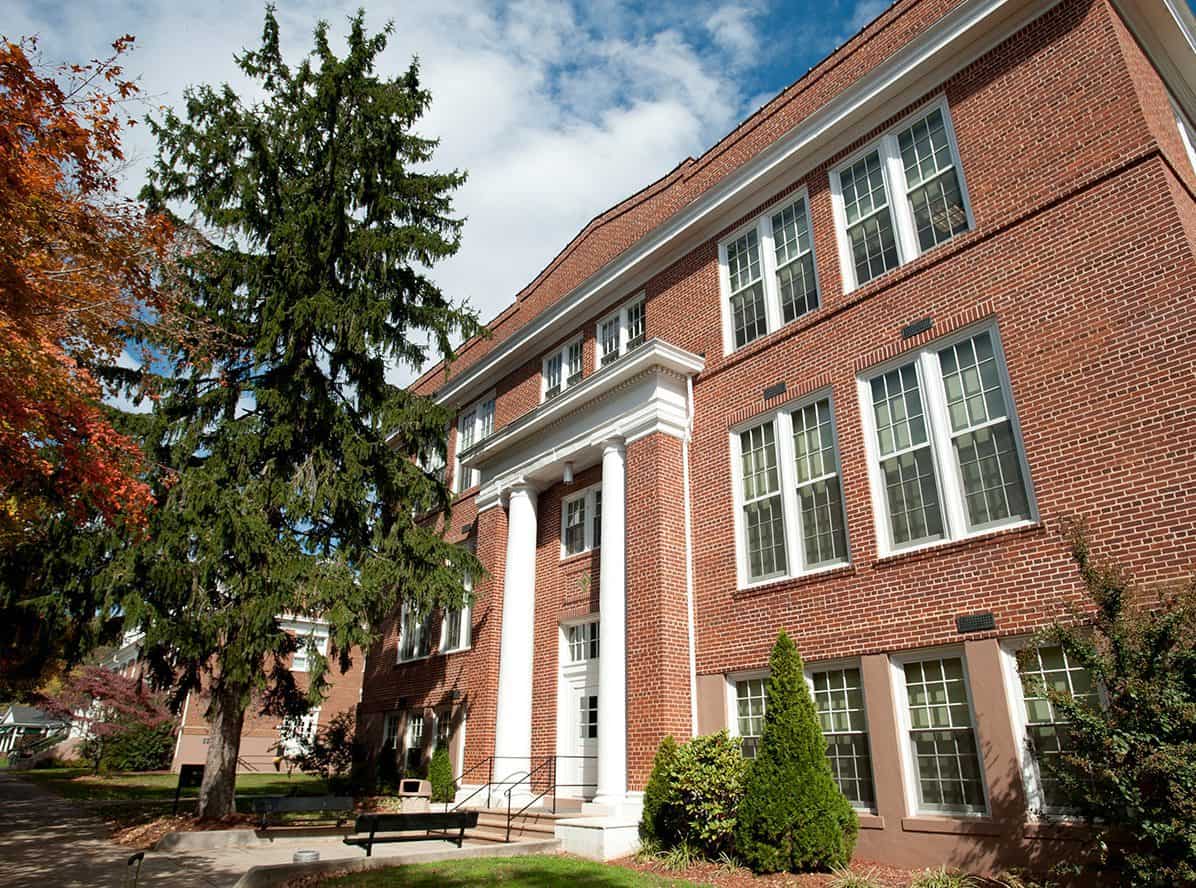 Exterior view of Beckham Hall, brick classroom building with classical portico