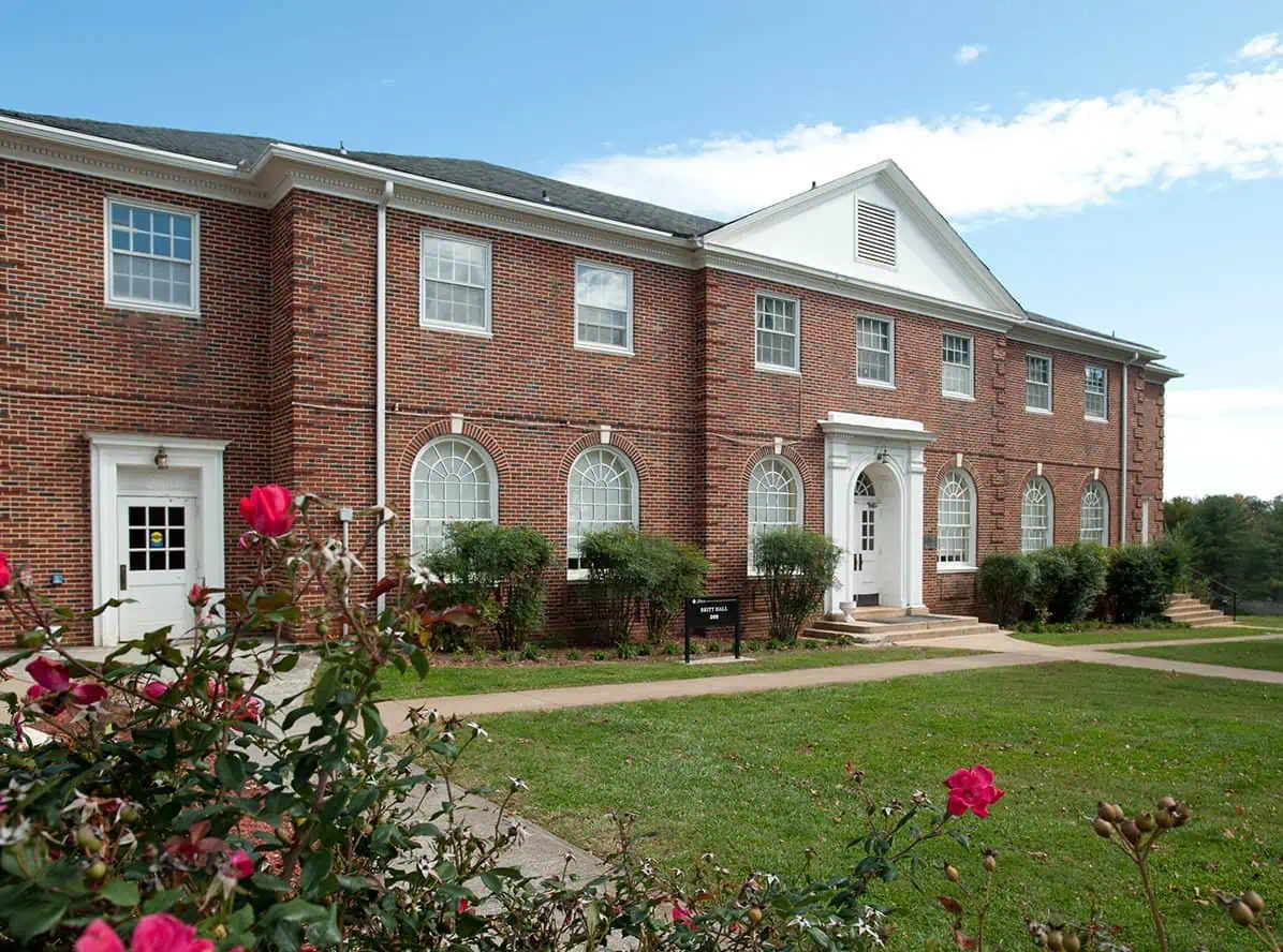Exterior view of Britt Hall, red brick with white trim classroom building