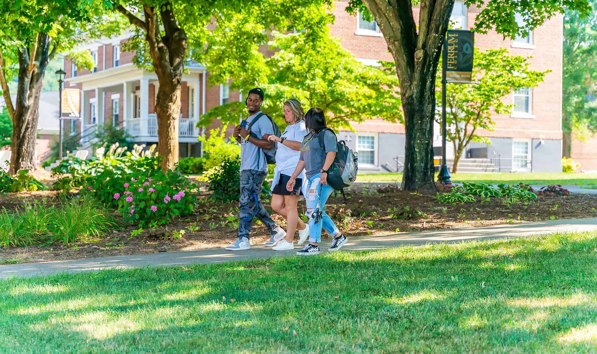 three students walking on sidewalk underneath trees