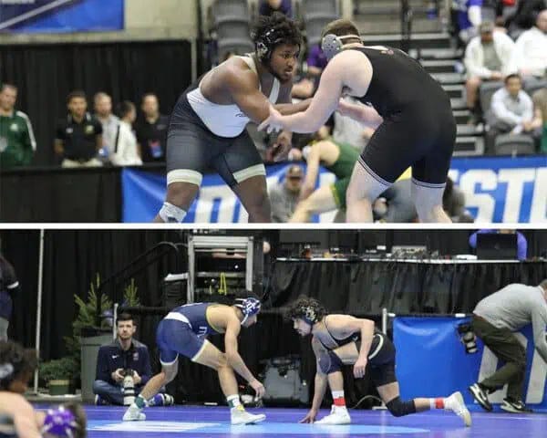 Two men engage in a wrestling match on a padded mat. The wrestling arena provides a backdrop, with spectators visible in the background, observing the match.