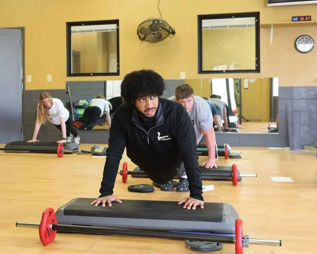 Ferrum College students work out during an HHP class