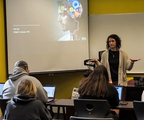 Ferrum College students in a psychology classroom with professor