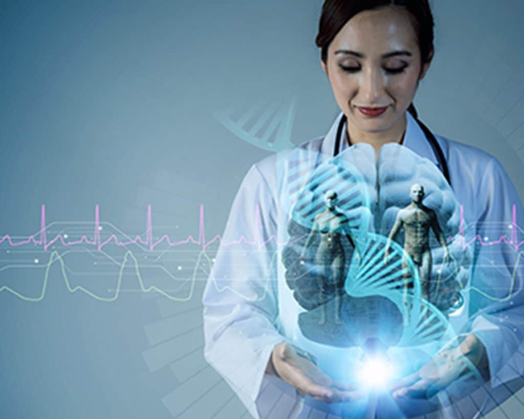 A woman in a white lab coat stands holding a hologram picture of two statues inside of a blue sphere with a DNA strand twisted going through it
