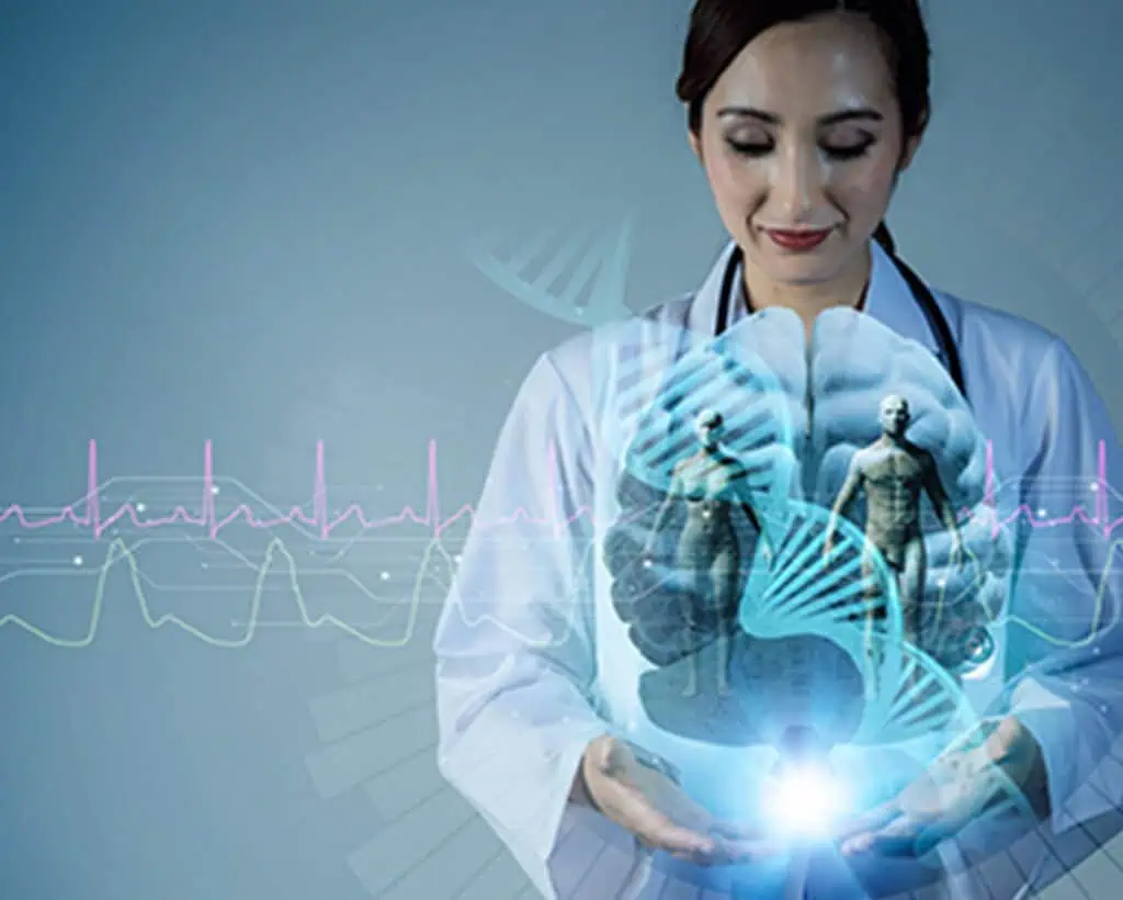 A woman in a white lab coat stands holding a hologram picture of two statues inside of a blue sphere with a DNA strand twisted going through it