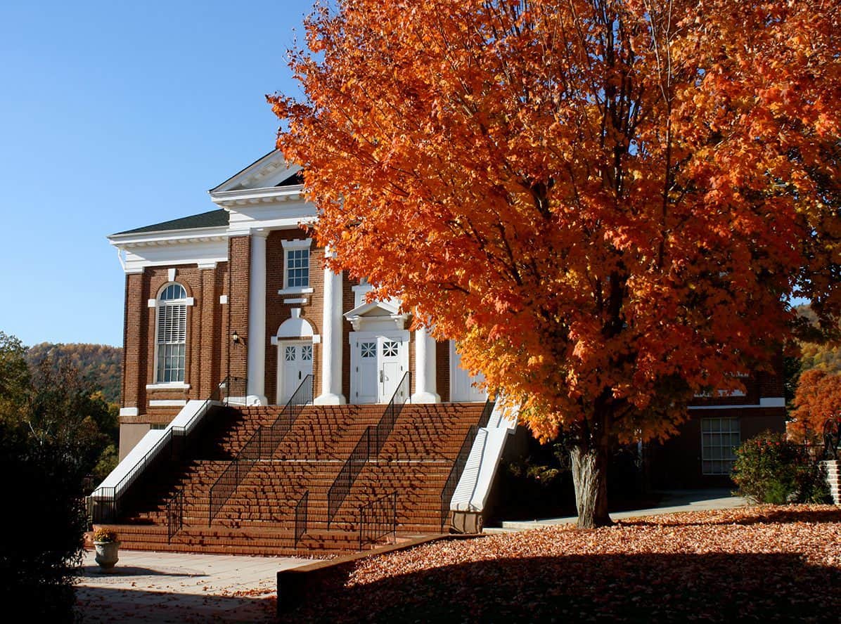 Fall photo of a tree in front of Schoolfield Hall.