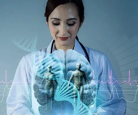 female doctor observing a hologram of a brain, dna, and person outline