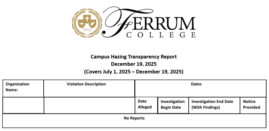An image of the Ferrum College Campus Police Campus Hazing Transparency Report, December 19, 2025, covering the dates of July 1, 2025 through December 19, 2025. The form includes the following fields, all blank: orgnization name, violation description, dates, date alleged, investigation begin date, investigation end date (with findings), notice provided date. Below is a section for all reports made to be listed, no reports are listed for this date range. 