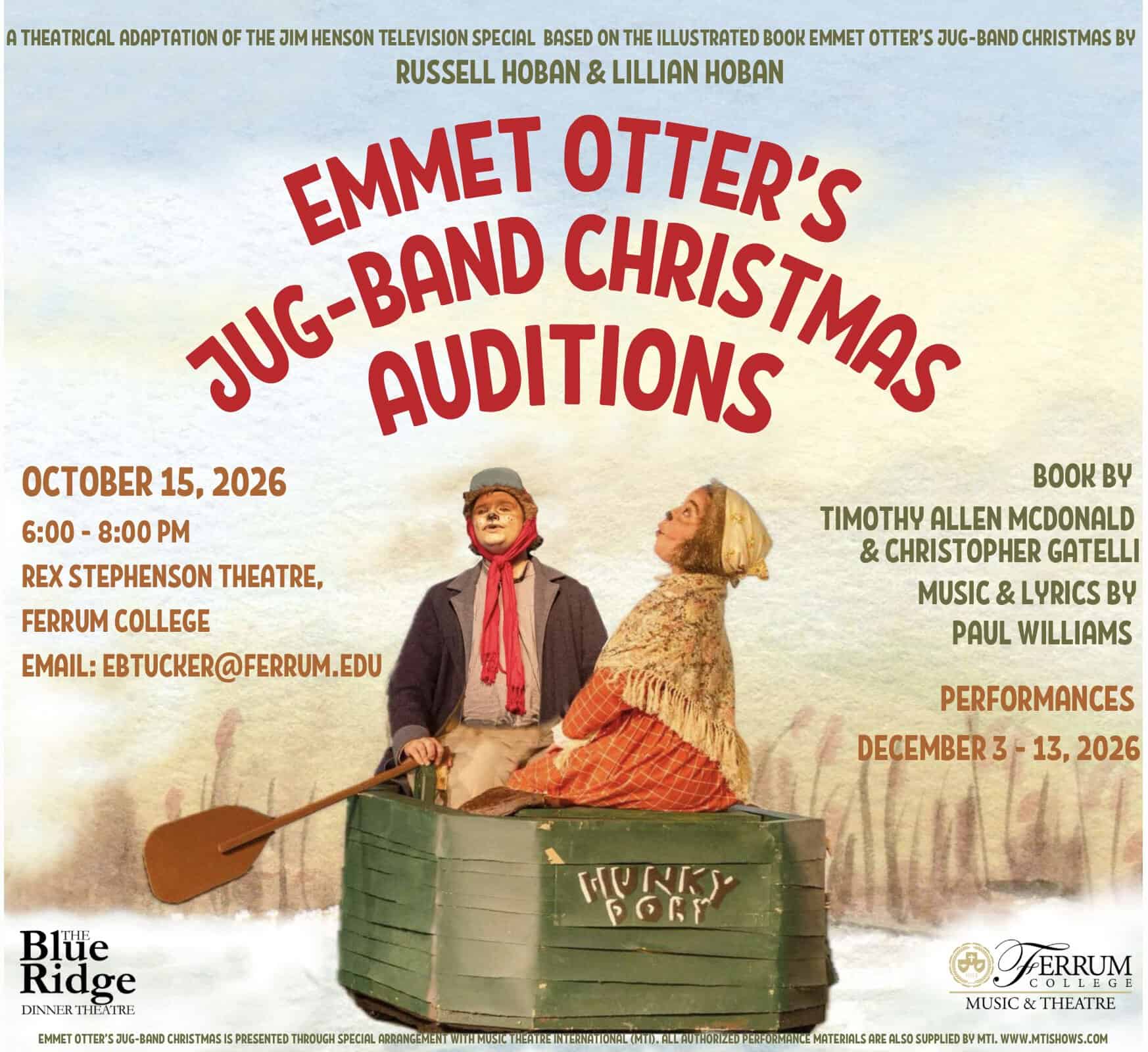 Graphic with red and black letters, blue sky, river and brown plants below, and in center, green rowboat with two actors dressed as otters wearing clothes, for Emmet Otter's Jug-Band Christmas auditions 2026