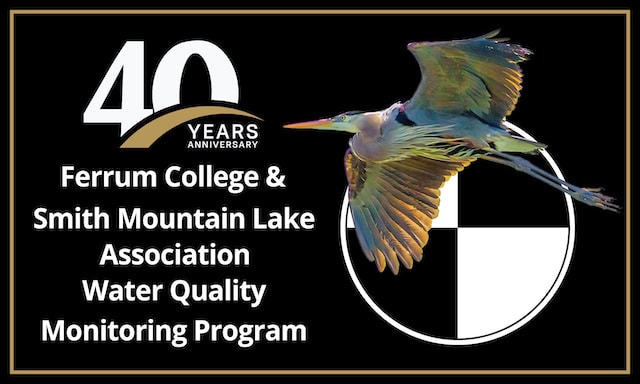 Image of black sticker with white letters on 40 years of Ferrum College & Smith Mountain Lake Association Water Quality Program, with logo on right of flying heron photograph over round black and white geometric design.