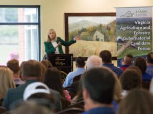 Former U.S. Representative Abigail Spanberger speaking to Virginia Farm Bureau Young Farmers Expo attendees in the Blue Ridge Mountain Room at Ferrum College