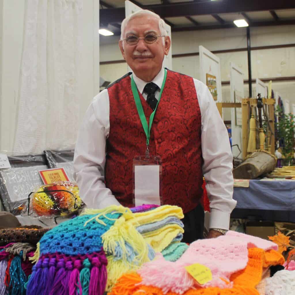 Dr. William Wray with his crocheting at Blue Ridge Folklife Festival